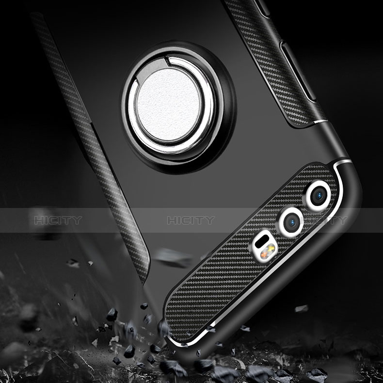 Silikon Hülle Handyhülle und Kunststoff Schutzhülle mit Fingerring Ständer für Huawei P10 Plus Schwarz groß