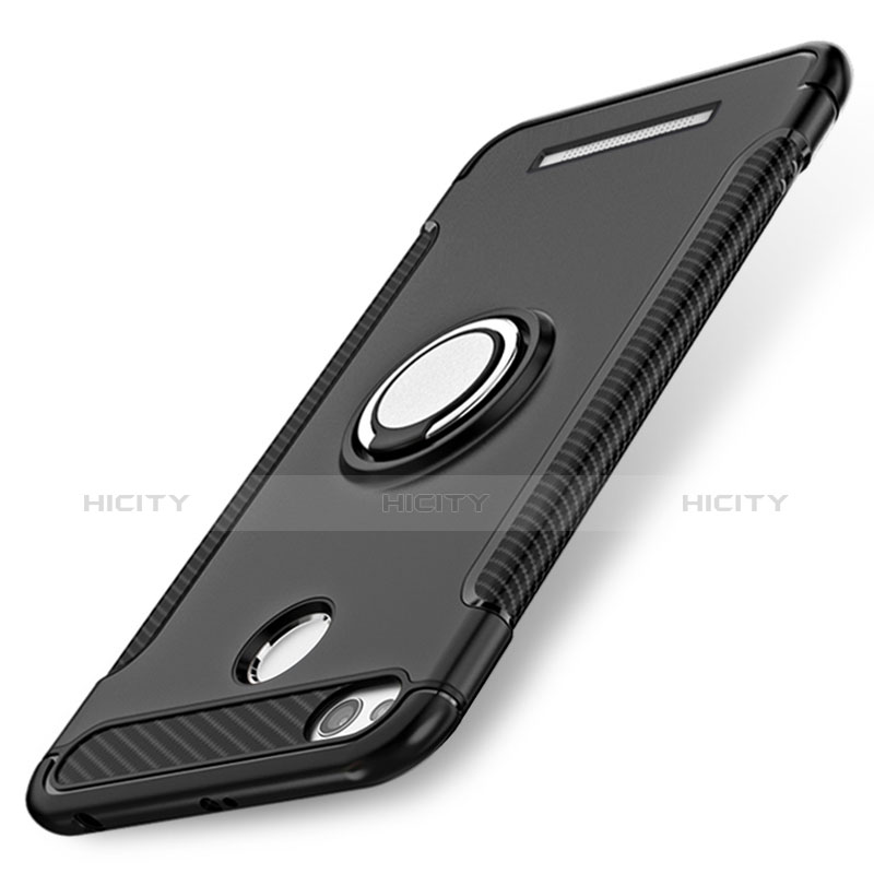 Silikon Hülle Handyhülle und Kunststoff Schutzhülle mit Fingerring Ständer für Xiaomi Redmi 3 High Edition Schwarz Plus