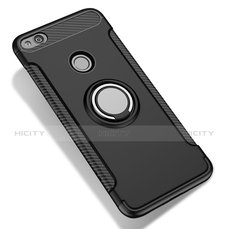 Silikon Hülle Handyhülle und Kunststoff Schutzhülle mit Fingerring Ständer für Xiaomi Redmi 3 High Edition Schwarz groß