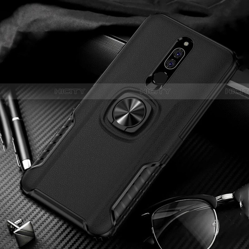 Silikon Hülle Handyhülle und Kunststoff Schutzhülle mit Fingerring Ständer für Xiaomi Redmi 8 Schwarz