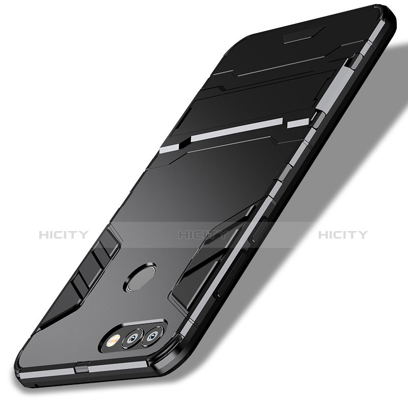 Silikon Hülle Handyhülle und Kunststoff Schutzhülle mit Ständer für Huawei Enjoy 7S Schwarz Plus