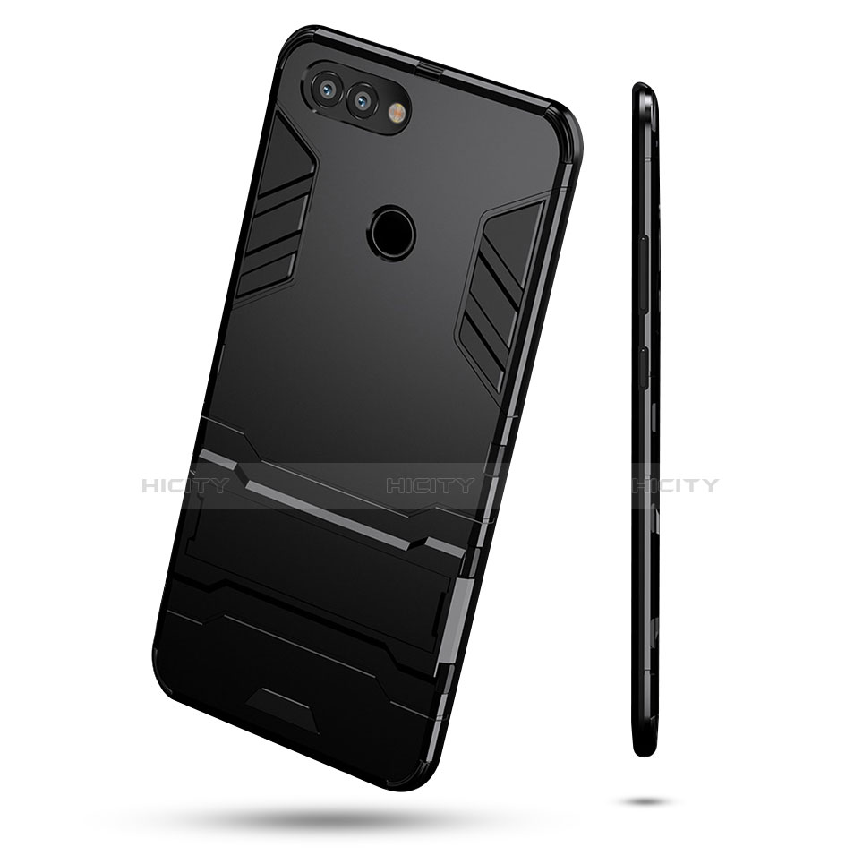 Silikon Hülle Handyhülle und Kunststoff Schutzhülle mit Ständer für Huawei Enjoy 7S Schwarz groß