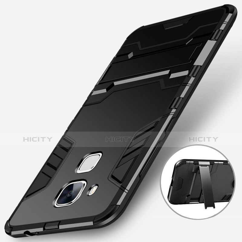 Silikon Hülle Handyhülle und Kunststoff Schutzhülle mit Ständer für Huawei G9 Plus Schwarz Plus