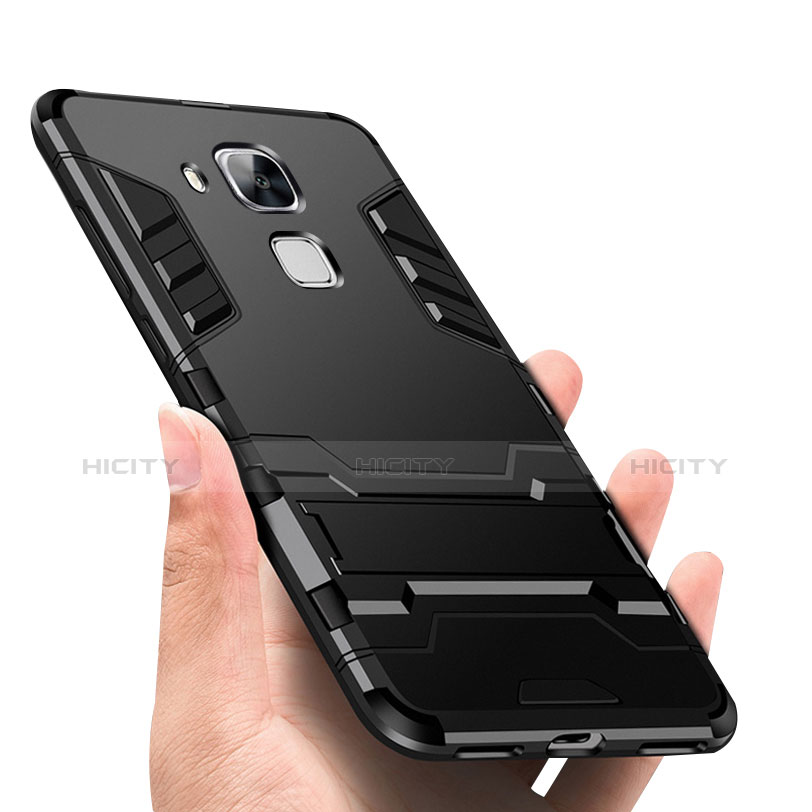 Silikon Hülle Handyhülle und Kunststoff Schutzhülle mit Ständer für Huawei G9 Plus Schwarz groß