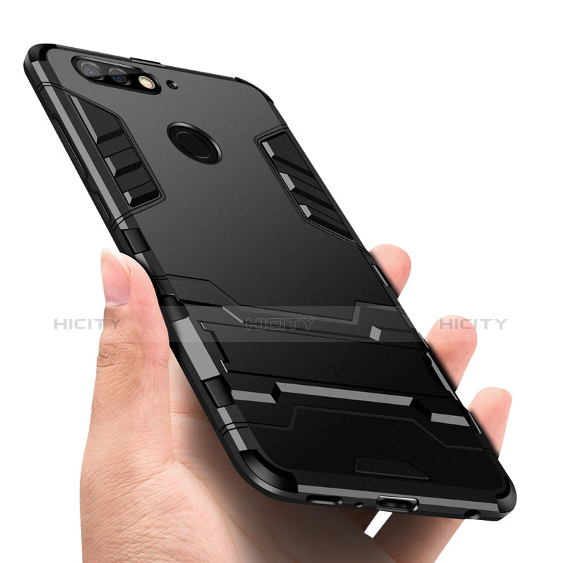 Silikon Hülle Handyhülle und Kunststoff Schutzhülle mit Ständer für Huawei Honor 7C Schwarz