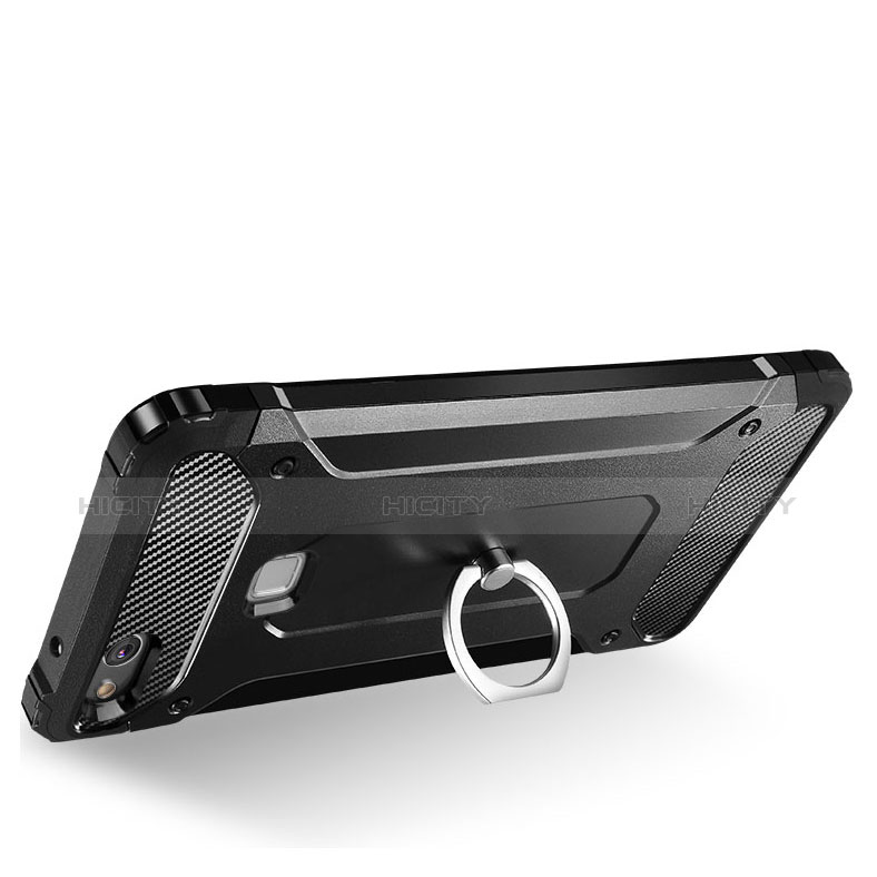 Silikon Hülle Handyhülle und Kunststoff Schutzhülle mit Ständer für Huawei Honor 8 Lite Schwarz groß