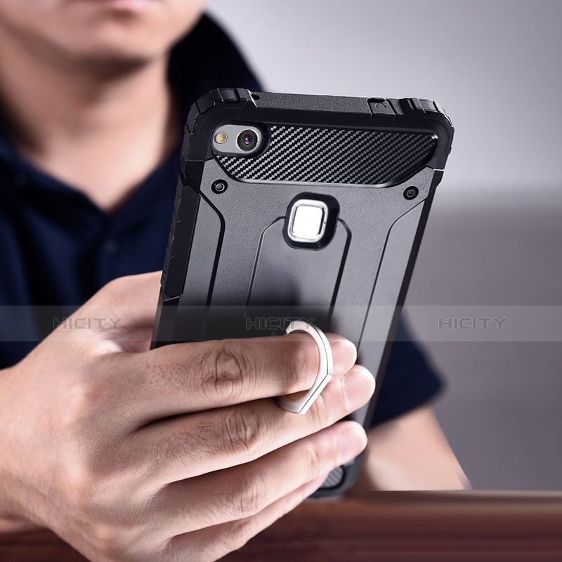 Silikon Hülle Handyhülle und Kunststoff Schutzhülle mit Ständer für Huawei Honor 8 Lite Schwarz groß