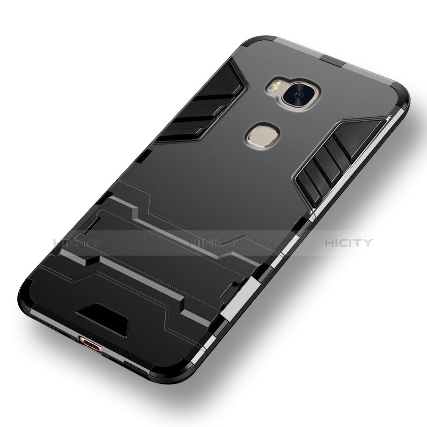 Silikon Hülle Handyhülle und Kunststoff Schutzhülle mit Ständer für Huawei Honor X5 Schwarz