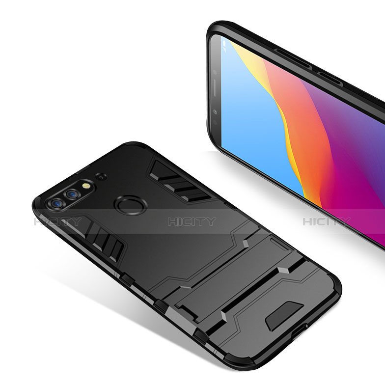 Silikon Hülle Handyhülle und Kunststoff Schutzhülle mit Ständer für Huawei Y7 (2018) Schwarz Plus
