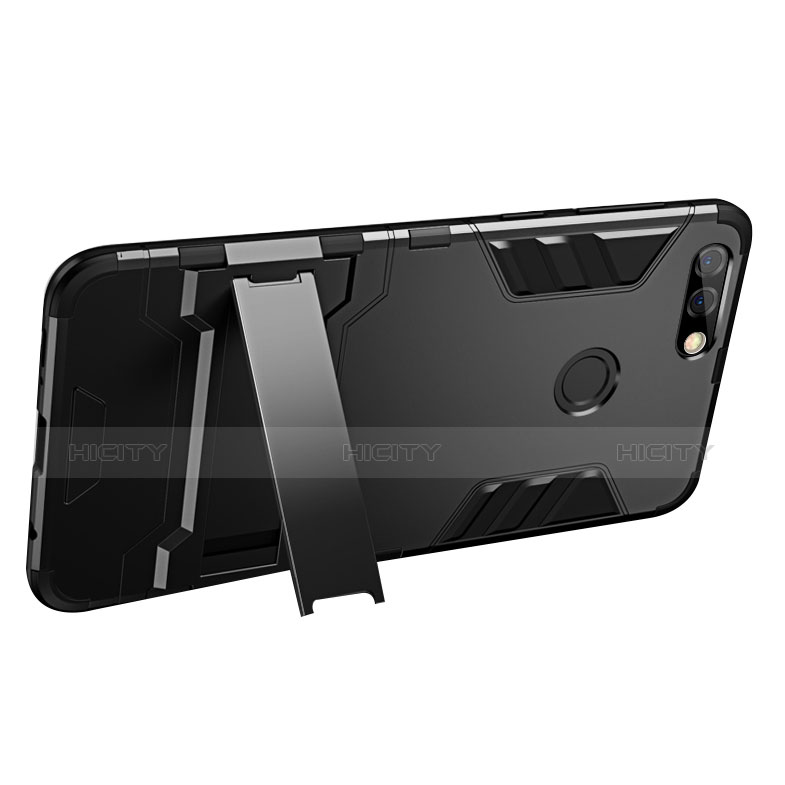 Silikon Hülle Handyhülle und Kunststoff Schutzhülle mit Ständer für Huawei Y7 (2018) Schwarz groß