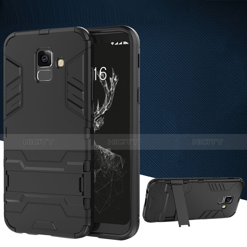 Silikon Hülle Handyhülle und Kunststoff Schutzhülle mit Ständer für Samsung Galaxy A6 (2018) Dual SIM Schwarz
