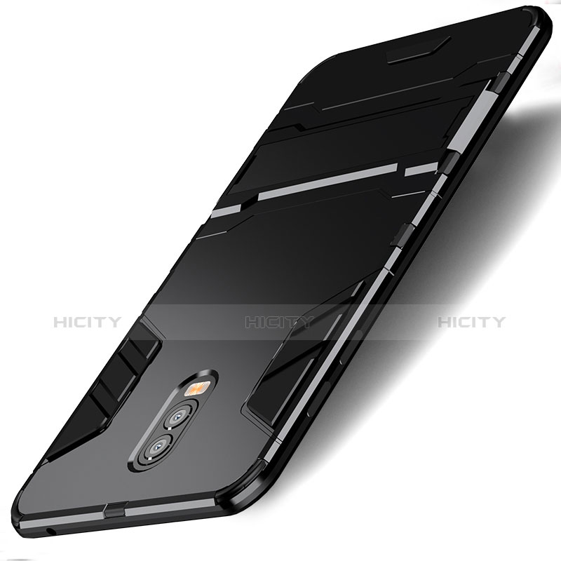 Silikon Hülle Handyhülle und Kunststoff Schutzhülle mit Ständer für Samsung Galaxy C8 C710F Schwarz Plus
