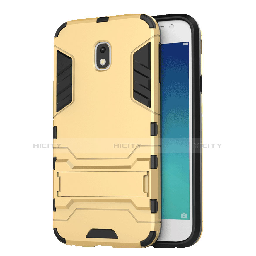 Silikon Hülle Handyhülle und Kunststoff Schutzhülle mit Ständer für Samsung Galaxy J3 Pro (2017) Gold Plus