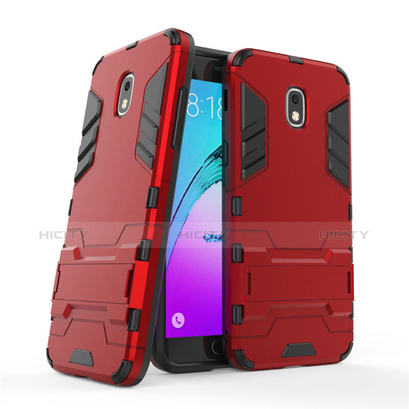Silikon Hülle Handyhülle und Kunststoff Schutzhülle mit Ständer für Samsung Galaxy J3 Star Rot Plus
