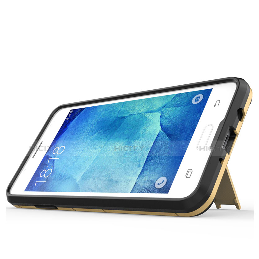 Silikon Hülle Handyhülle und Kunststoff Schutzhülle mit Ständer für Samsung Galaxy J5 (2017) Version Americaine Gold groß