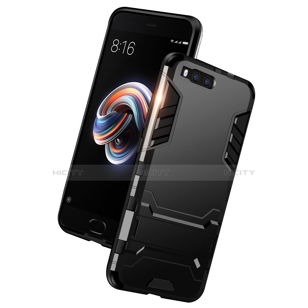 Silikon Hülle Handyhülle und Kunststoff Schutzhülle mit Ständer für Xiaomi Mi Note 3 Schwarz groß