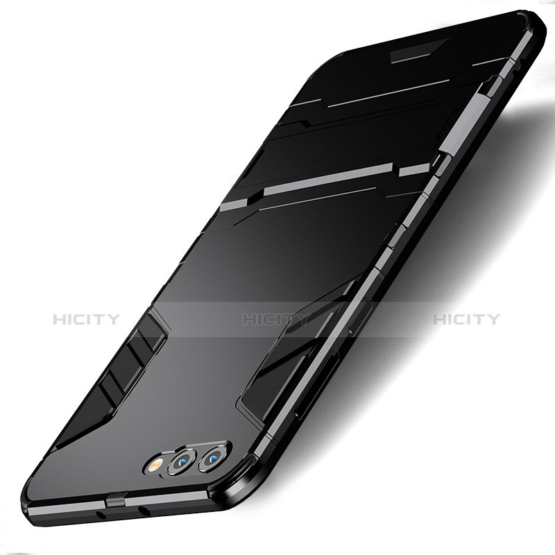 Silikon Hülle Handyhülle und Kunststoff Schutzhülle mit Ständer R01 für Huawei Honor V10 Schwarz