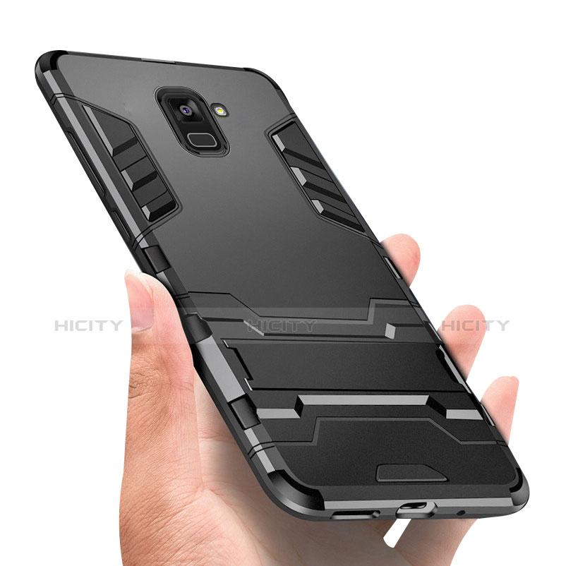 Silikon Hülle Handyhülle und Kunststoff Schutzhülle mit Ständer W01 für Samsung Galaxy A8+ A8 Plus (2018) Duos A730F Schwarz Plus