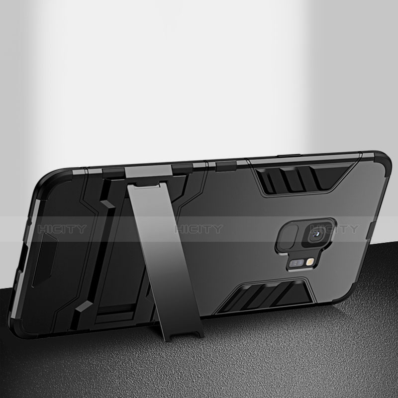 Silikon Hülle Handyhülle und Kunststoff Schutzhülle mit Ständer W01 für Samsung Galaxy S9 Schwarz
