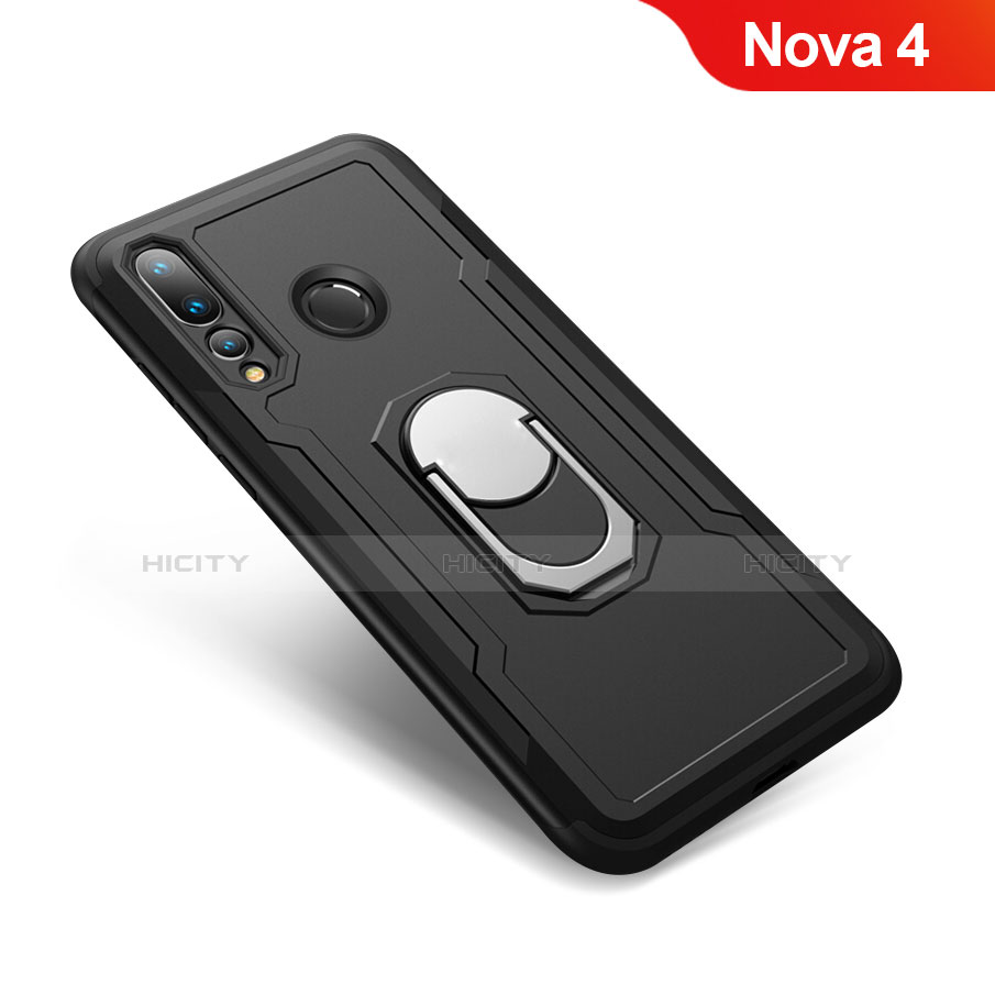 Silikon Hülle Handyhülle und Kunststoff Schutzhülle Tasche mit Fingerring Ständer A01 für Huawei Nova 4 Schwarz Plus