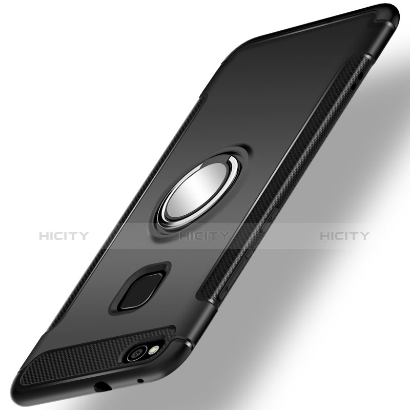Silikon Hülle Handyhülle und Kunststoff Schutzhülle Tasche mit Fingerring Ständer für Huawei Honor 8 Lite Schwarz Plus