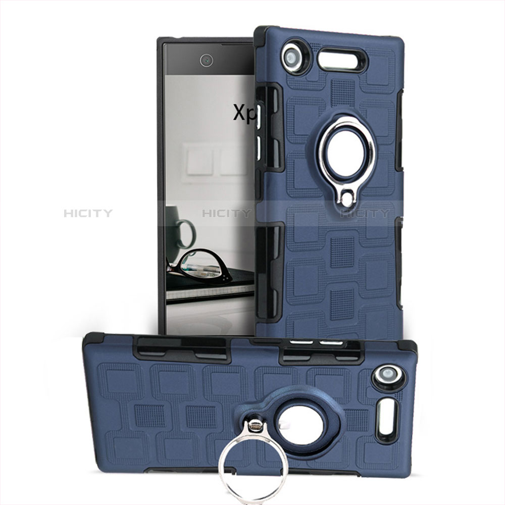 Silikon Hülle Handyhülle und Kunststoff Schutzhülle Tasche mit Fingerring Ständer für Sony Xperia XZ1 Compact