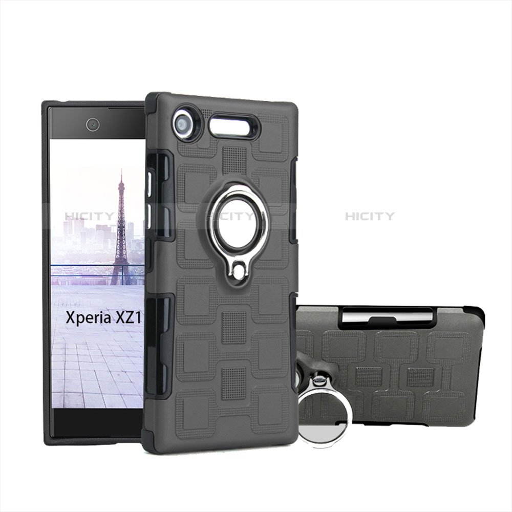 Silikon Hülle Handyhülle und Kunststoff Schutzhülle Tasche mit Fingerring Ständer für Sony Xperia XZ1 Compact Grau Plus