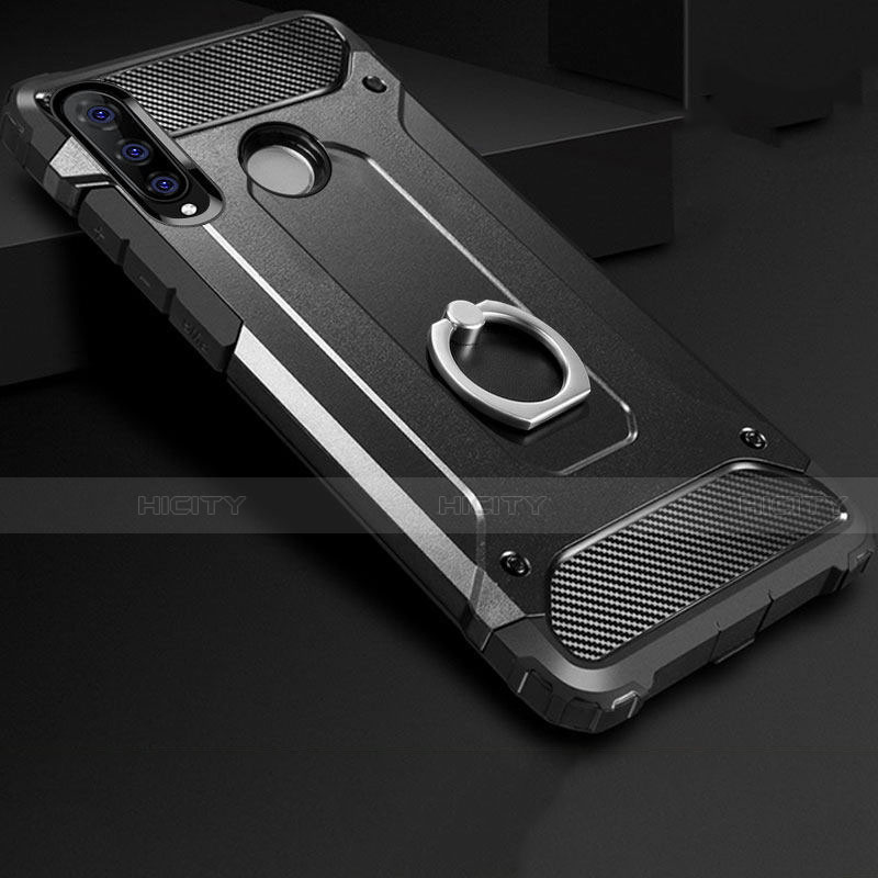 Silikon Hülle Handyhülle und Kunststoff Schutzhülle Tasche mit Fingerring Ständer H01 für Huawei P30 Lite Schwarz