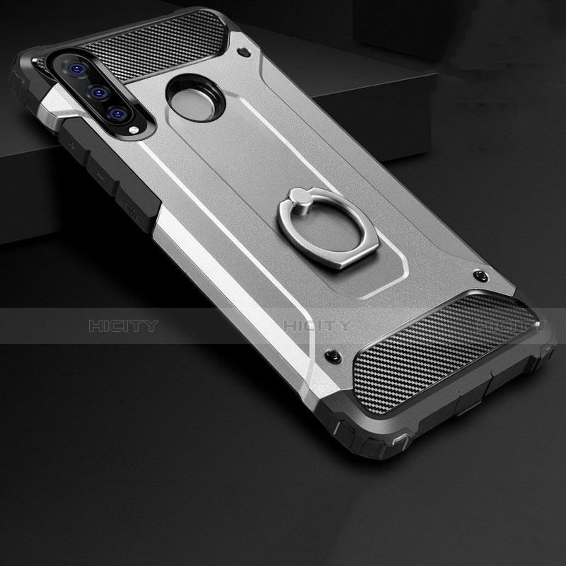 Silikon Hülle Handyhülle und Kunststoff Schutzhülle Tasche mit Fingerring Ständer H01 für Huawei P30 Lite Silber