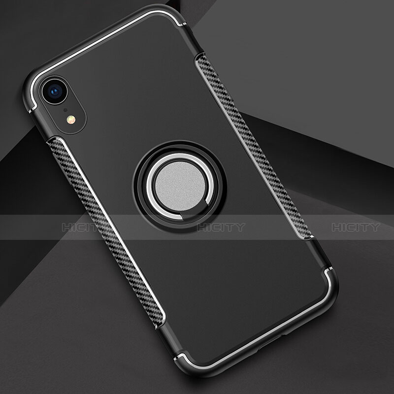 Silikon Hülle Handyhülle und Kunststoff Schutzhülle Tasche mit Fingerring Ständer S01 für Apple iPhone XR Schwarz Plus