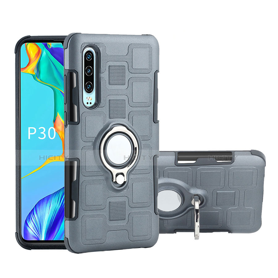 Silikon Hülle Handyhülle und Kunststoff Schutzhülle Tasche mit Fingerring Ständer S01 für Huawei P30 Grau