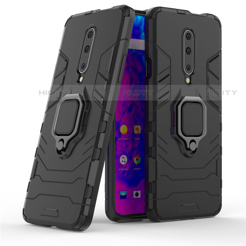 Silikon Hülle Handyhülle und Kunststoff Schutzhülle Tasche mit Fingerring Ständer S01 für OnePlus 7 Pro groß
