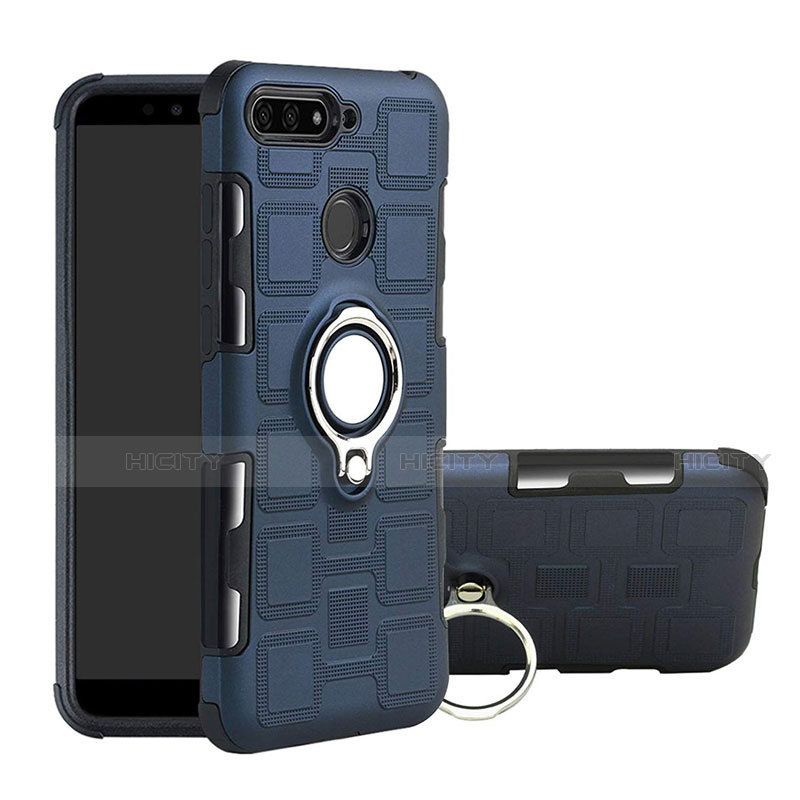 Silikon Hülle Handyhülle und Kunststoff Schutzhülle Tasche mit Magnetisch Fingerring Ständer für Huawei Enjoy 8e Blau Plus
