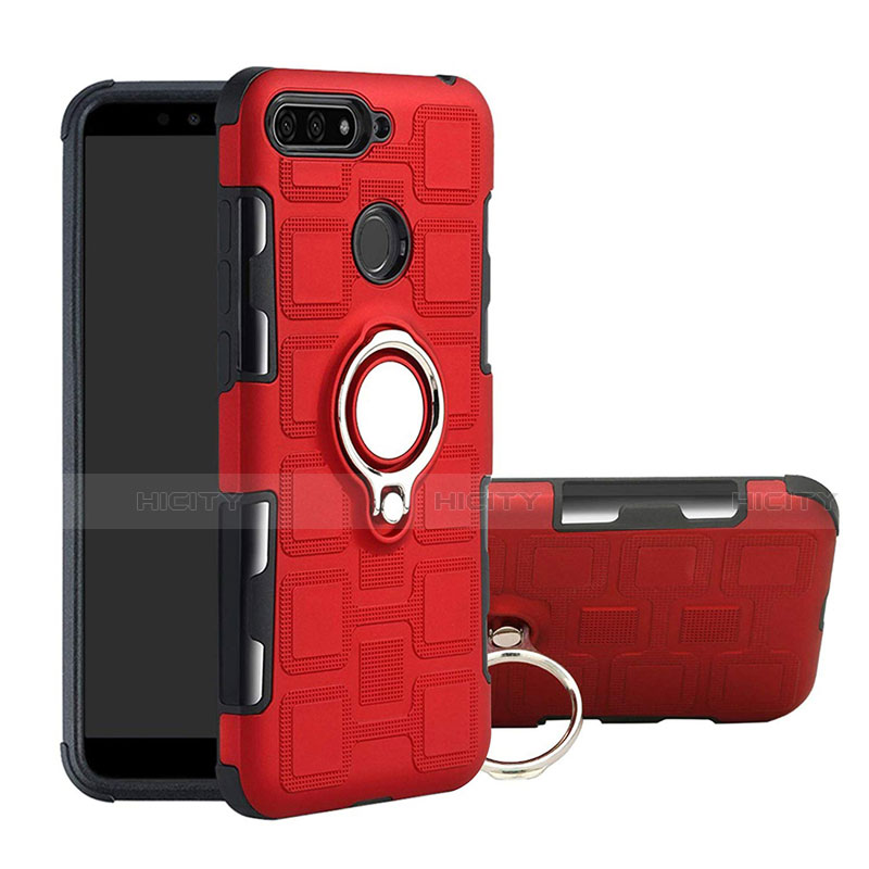 Silikon Hülle Handyhülle und Kunststoff Schutzhülle Tasche mit Magnetisch Fingerring Ständer für Huawei Y6 Prime (2018) Rot