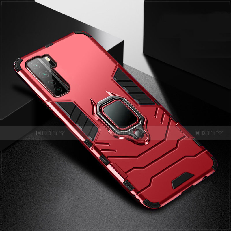 Silikon Hülle Handyhülle und Kunststoff Schutzhülle Tasche mit Magnetisch Fingerring Ständer R01 für Huawei P40 Lite 5G Rot