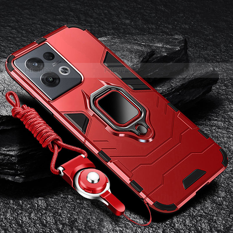 Silikon Hülle Handyhülle und Kunststoff Schutzhülle Tasche mit Magnetisch Fingerring Ständer R01 für Oppo Reno8 Pro 5G Rot