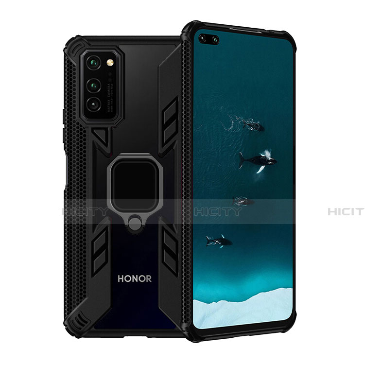Silikon Hülle Handyhülle und Kunststoff Schutzhülle Tasche mit Magnetisch Fingerring Ständer R02 für Huawei Honor V30 5G Schwarz Plus