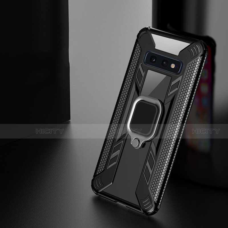 Silikon Hülle Handyhülle und Kunststoff Schutzhülle Tasche mit Magnetisch Fingerring Ständer R03 für Samsung Galaxy S10e Schwarz Plus
