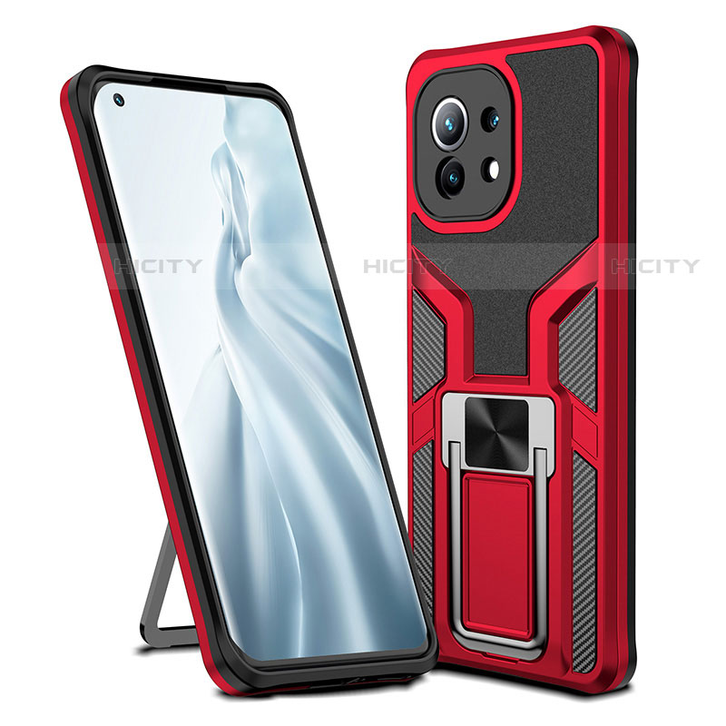 Silikon Hülle Handyhülle und Kunststoff Schutzhülle Tasche mit Magnetisch Fingerring Ständer R04 für Xiaomi Mi 11 5G Rot