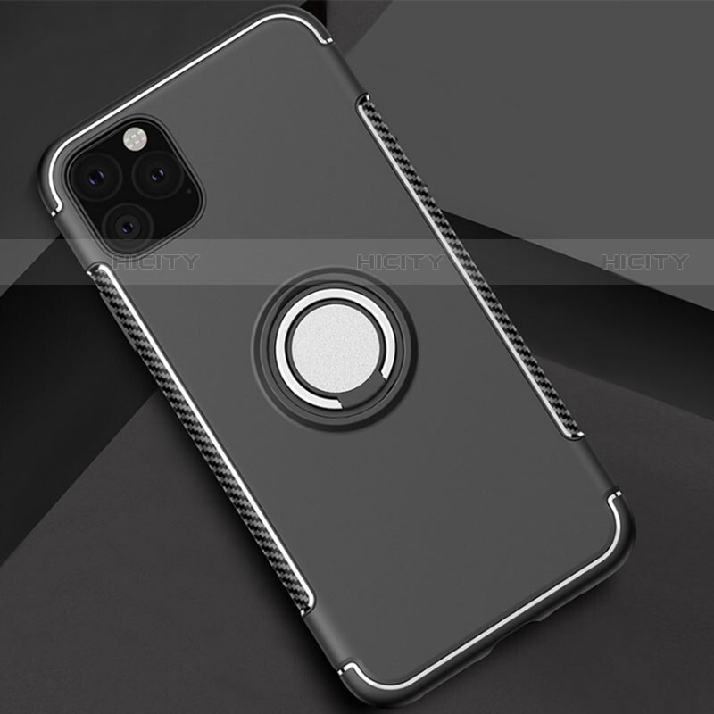 Silikon Hülle Handyhülle und Kunststoff Schutzhülle Tasche mit Magnetisch Fingerring Ständer S01 für Apple iPhone 11 Pro Max Schwarz Plus