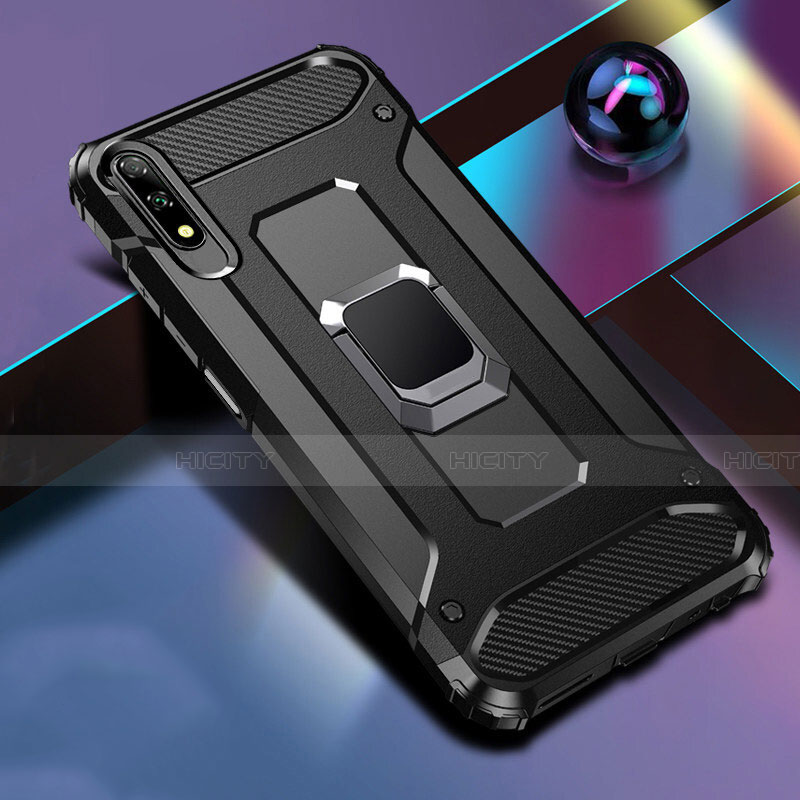 Silikon Hülle Handyhülle und Kunststoff Schutzhülle Tasche mit Magnetisch Fingerring Ständer S04 für Huawei Honor 9X Schwarz