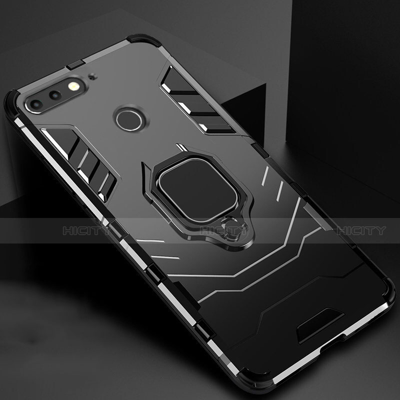 Silikon Hülle Handyhülle und Kunststoff Schutzhülle Tasche mit Magnetisch Ständer für Huawei Y6 Prime (2018) Schwarz Plus