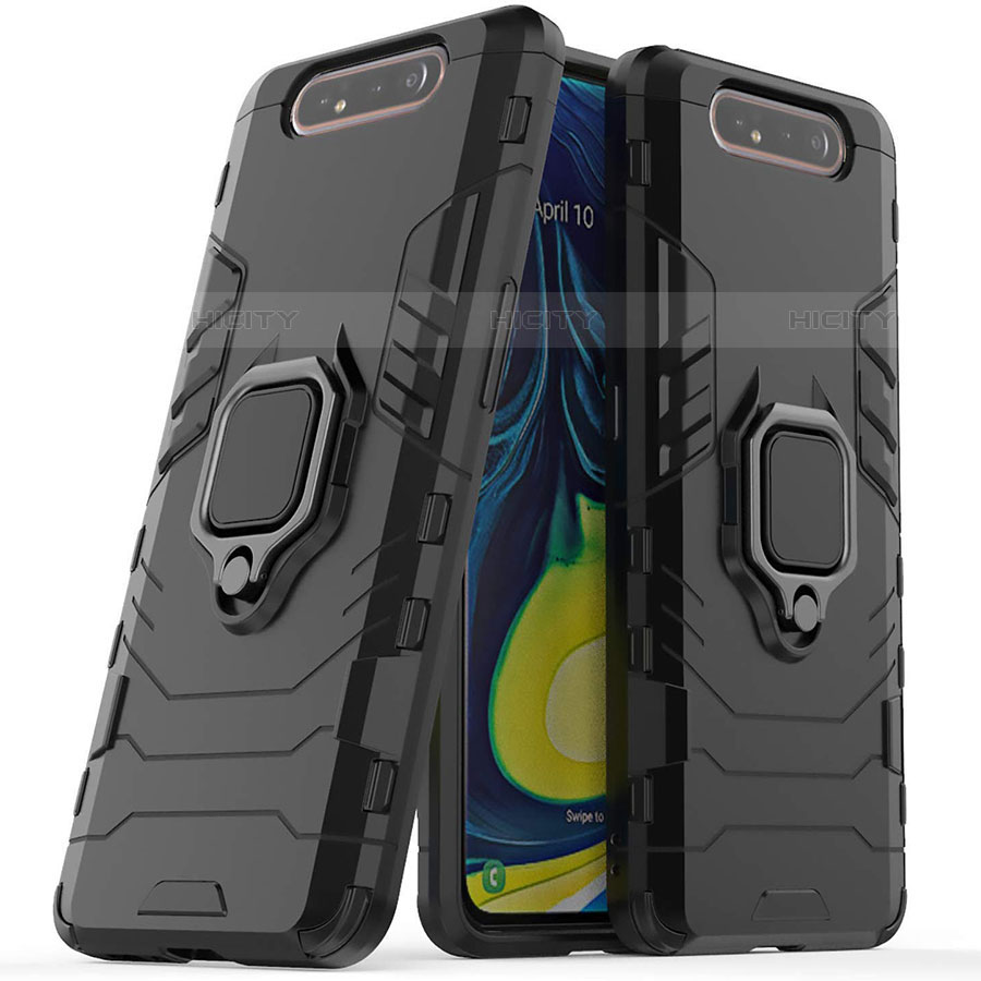 Silikon Hülle Handyhülle und Kunststoff Schutzhülle Tasche mit Magnetisch Ständer für Samsung Galaxy A90 4G Schwarz