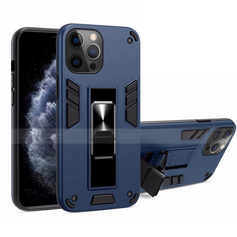 Silikon Hülle Handyhülle und Kunststoff Schutzhülle Tasche mit Magnetisch Ständer H01 für Apple iPhone 12 Pro Max Blau Plus