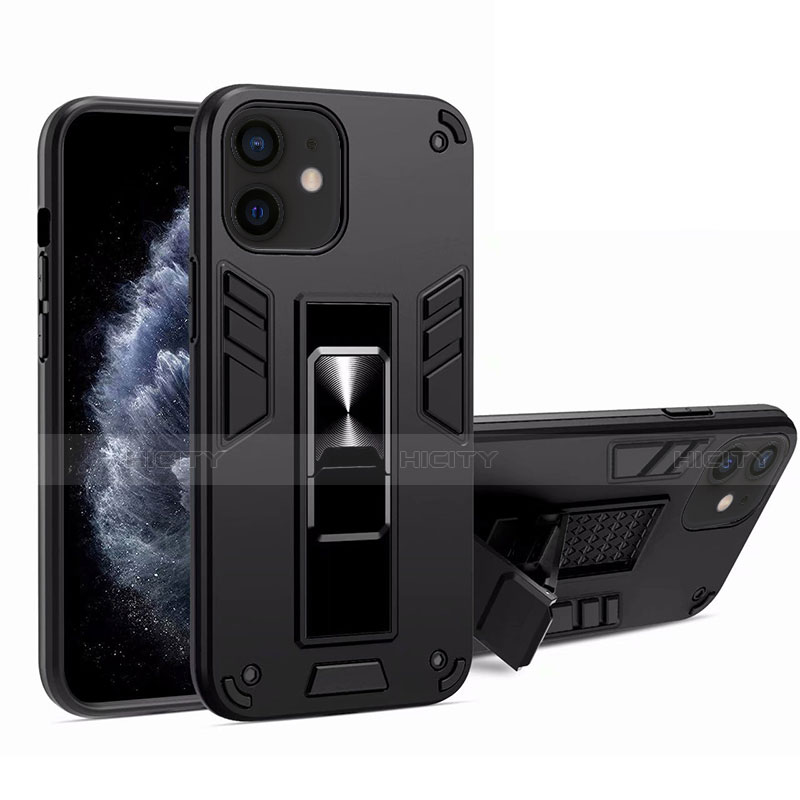 Silikon Hülle Handyhülle und Kunststoff Schutzhülle Tasche mit Magnetisch Ständer H01 für Apple iPhone 12 Schwarz Plus