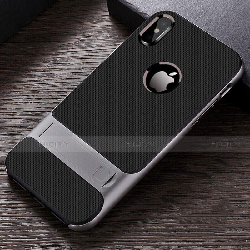 Silikon Hülle Handyhülle und Kunststoff Schutzhülle Tasche mit Ständer A01 für Apple iPhone Xs Grau
