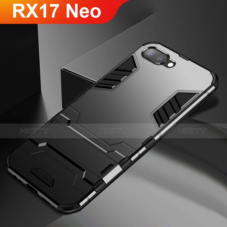 Silikon Hülle Handyhülle und Kunststoff Schutzhülle Tasche mit Ständer A01 für Oppo RX17 Neo Schwarz Plus