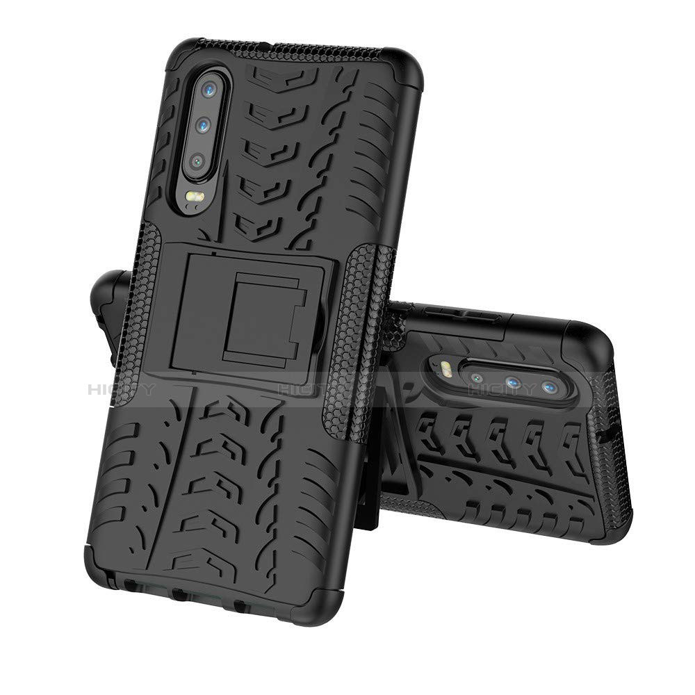 Silikon Hülle Handyhülle und Kunststoff Schutzhülle Tasche mit Ständer A03 für Huawei P30 Schwarz Plus