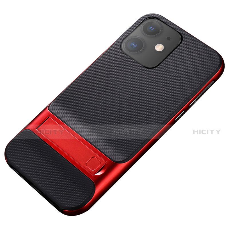 Silikon Hülle Handyhülle und Kunststoff Schutzhülle Tasche mit Ständer A05 für Apple iPhone 11 Rot und Schwarz