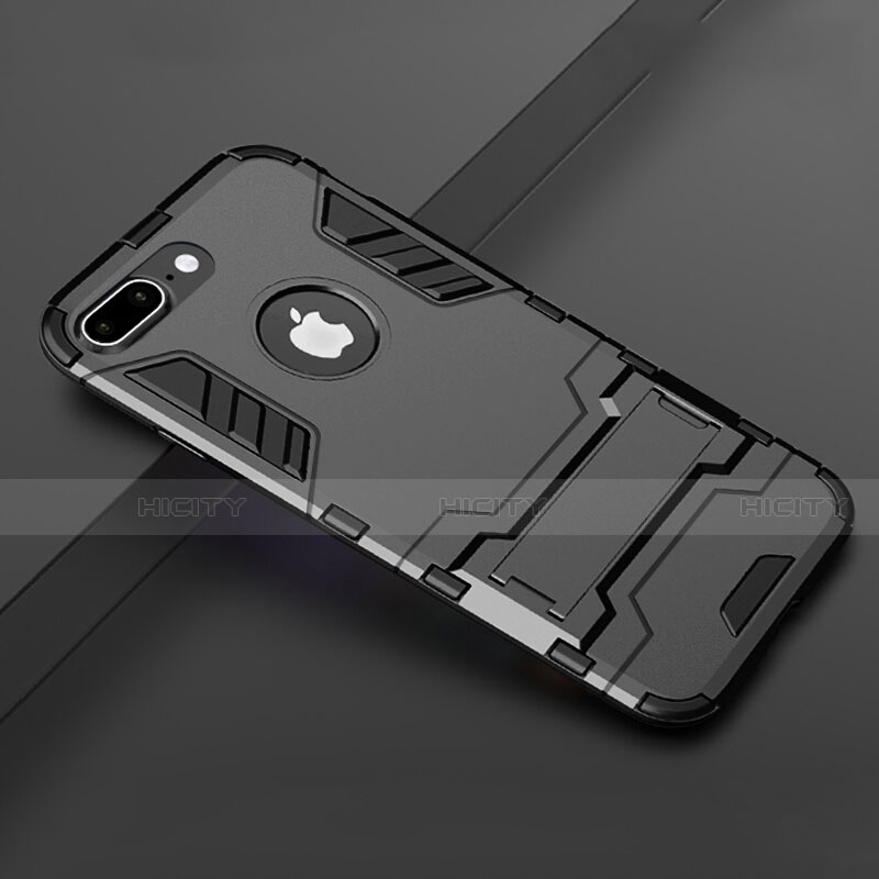 Silikon Hülle Handyhülle und Kunststoff Schutzhülle Tasche mit Ständer für Apple iPhone 7 Plus Schwarz Plus
